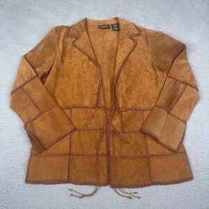 OutBrook Suede Leather Jacket Womens M 8 10 Brown Patchwork Crochet Tie Front